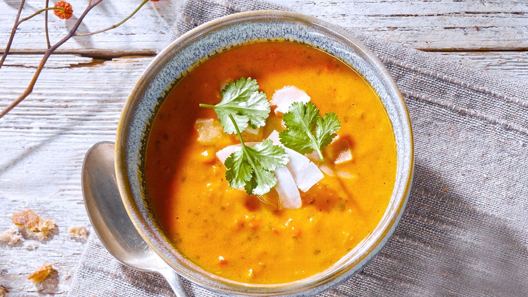 Rote Linsen Kokos Suppe mit Koriandergrün und Kokosflocken