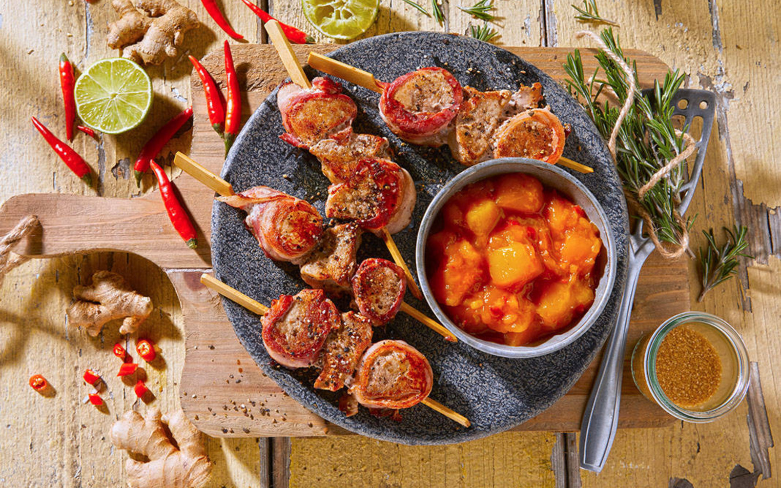 Schweinefilet-Spieße auf Mango Chutney
