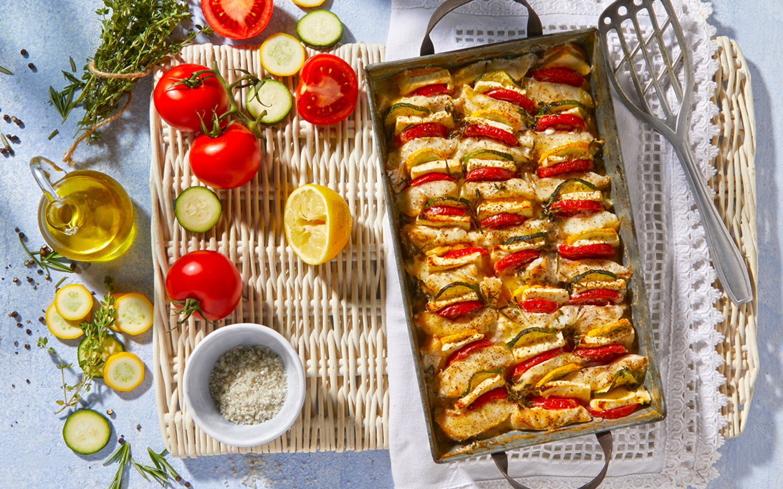 Rotbarsch-Gemüse-Gratin mit Feta