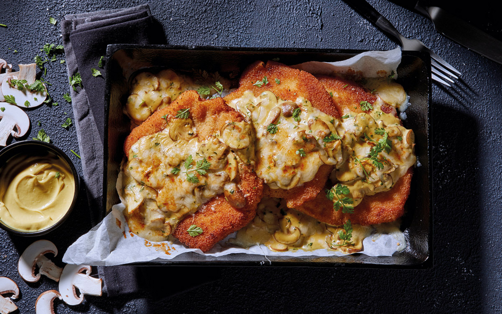 Überbackenes Senf Jäger Schnitzel
