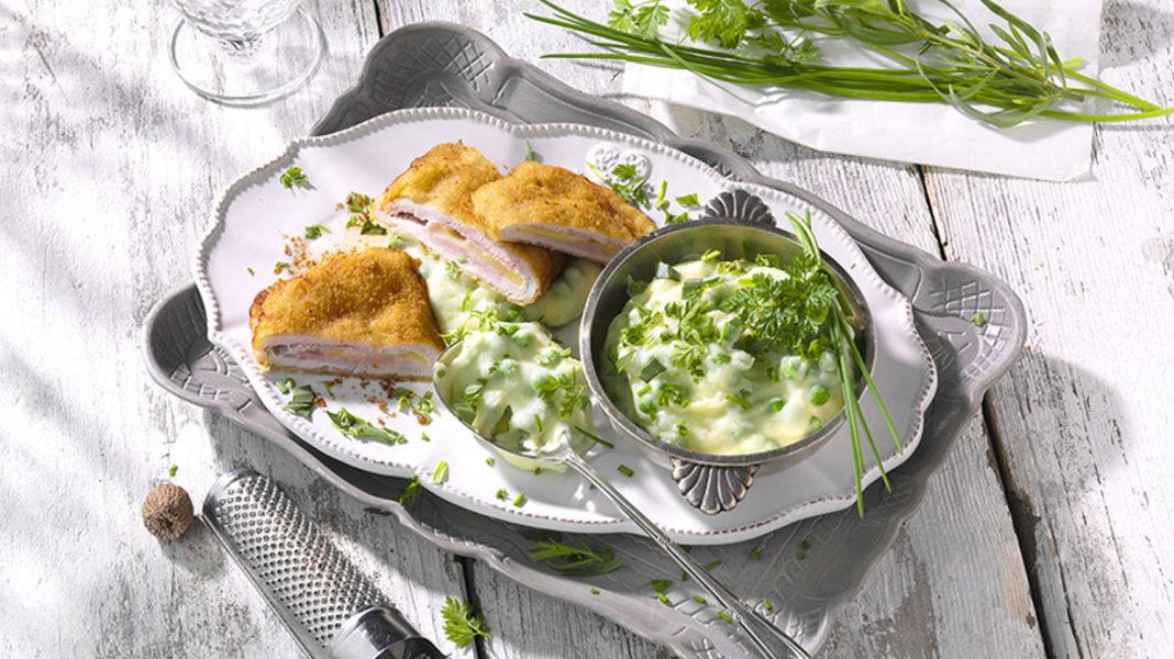 Erbsen-Kartoffelpüree &amp;quot; fines herbes&amp;quot; &amp; zartem Cordon Bleu